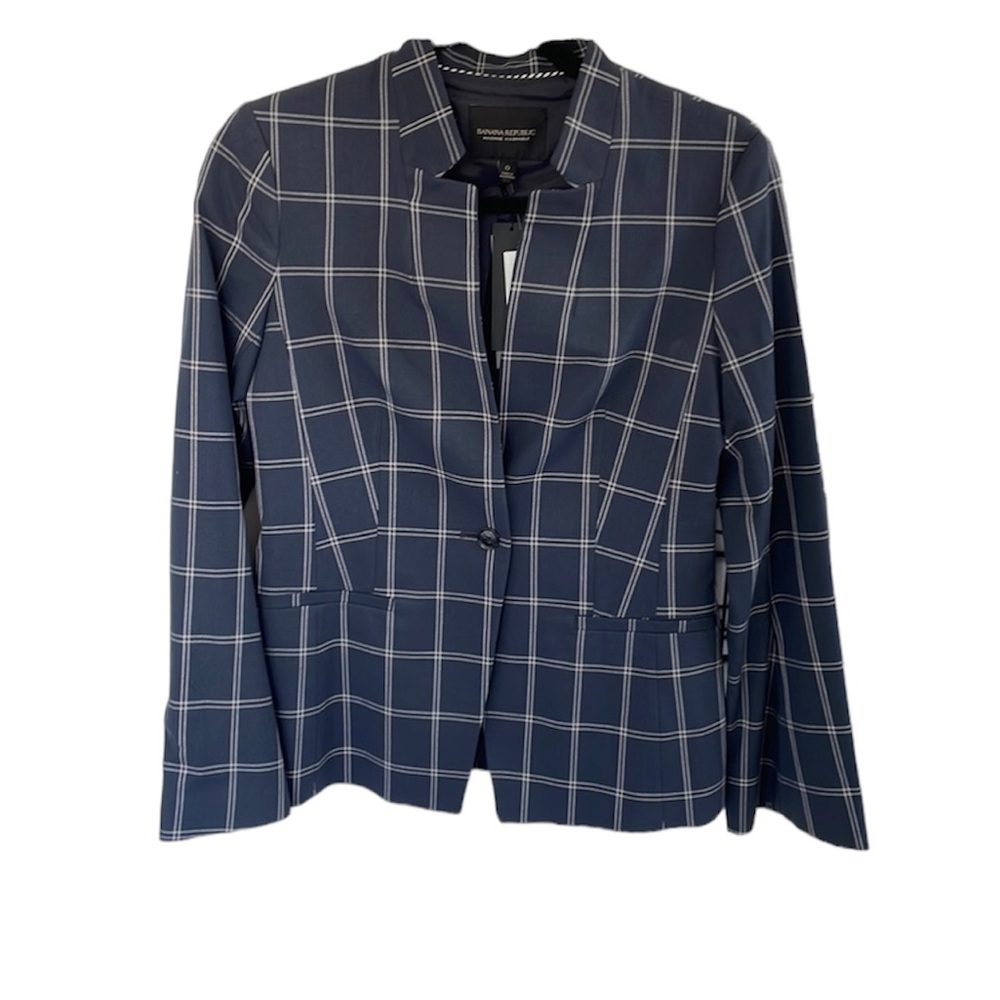 Banana Republic blue white window pane one button office career church blazer 0